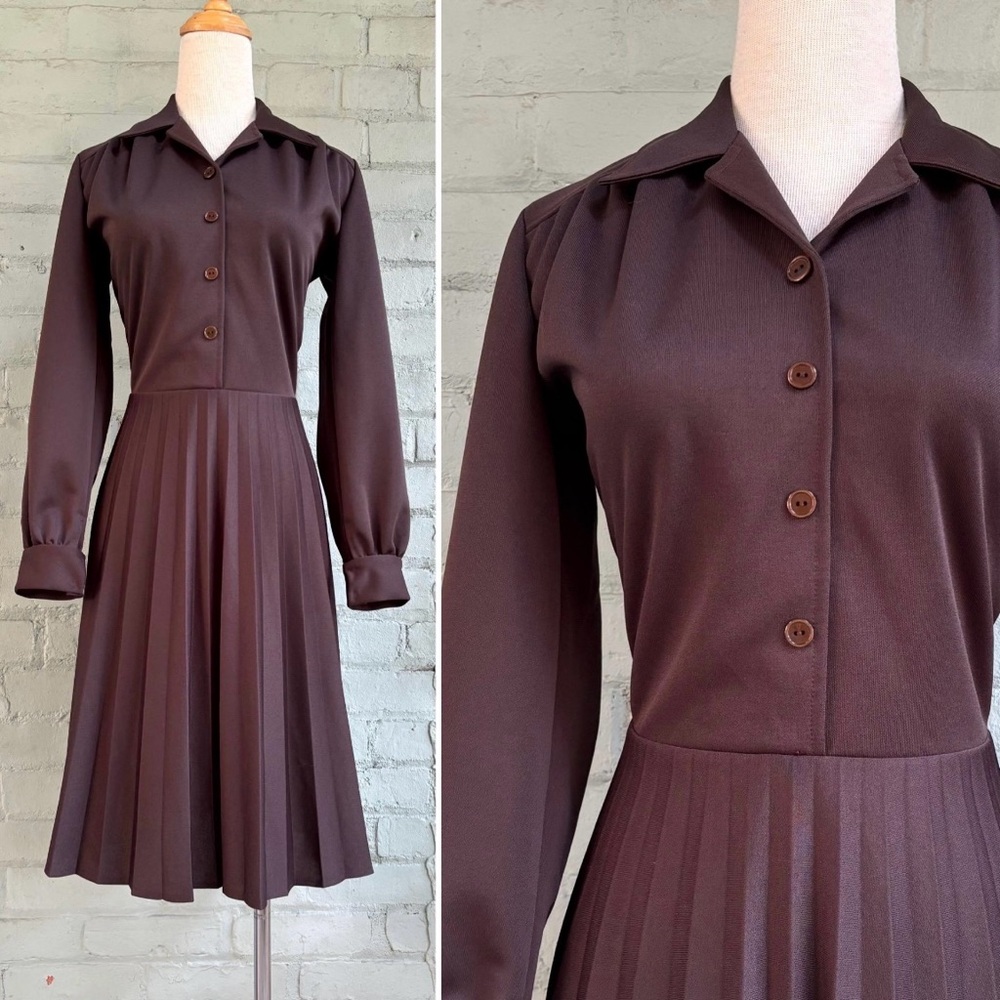 Vintage 70s Dark Brown Long Sleeve Shirt Dress